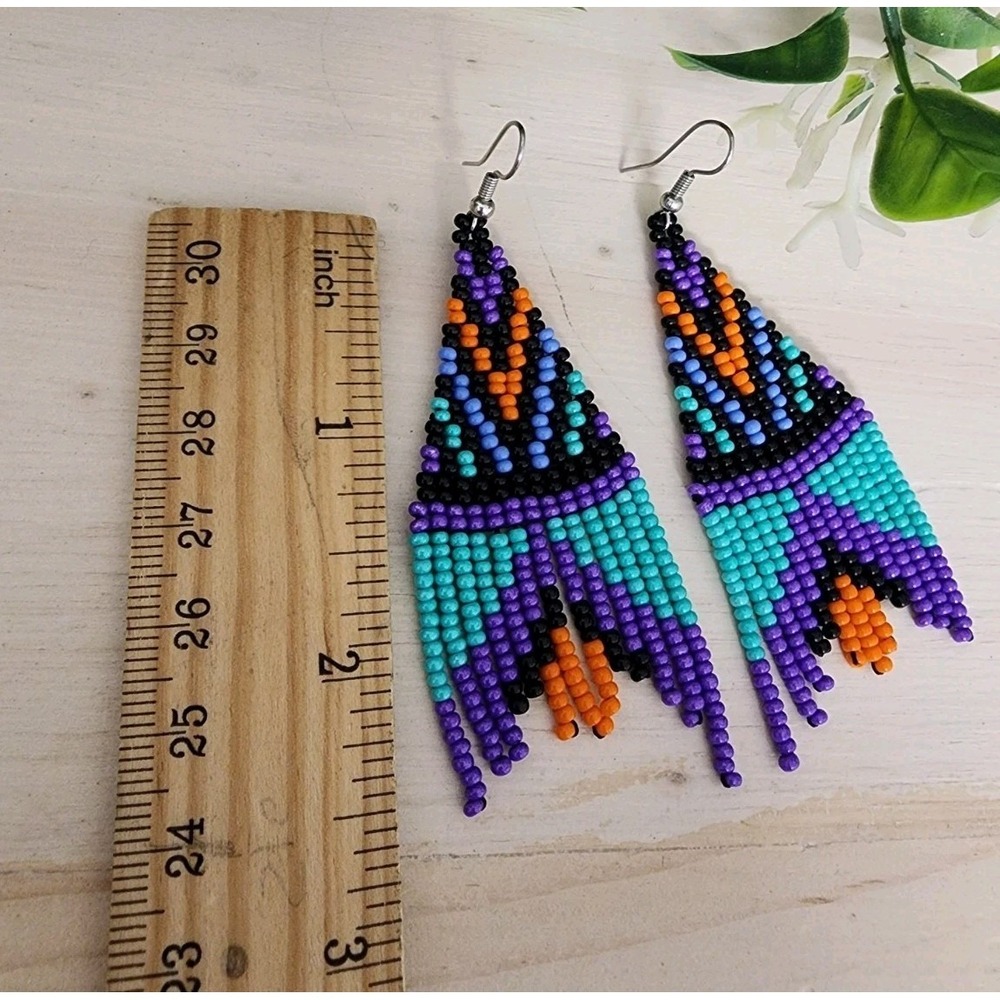 Handmade Seed Bead Fringe Earrings Boho Tribal Geometric Dangle Purple Teal New - Picture 3 of 5